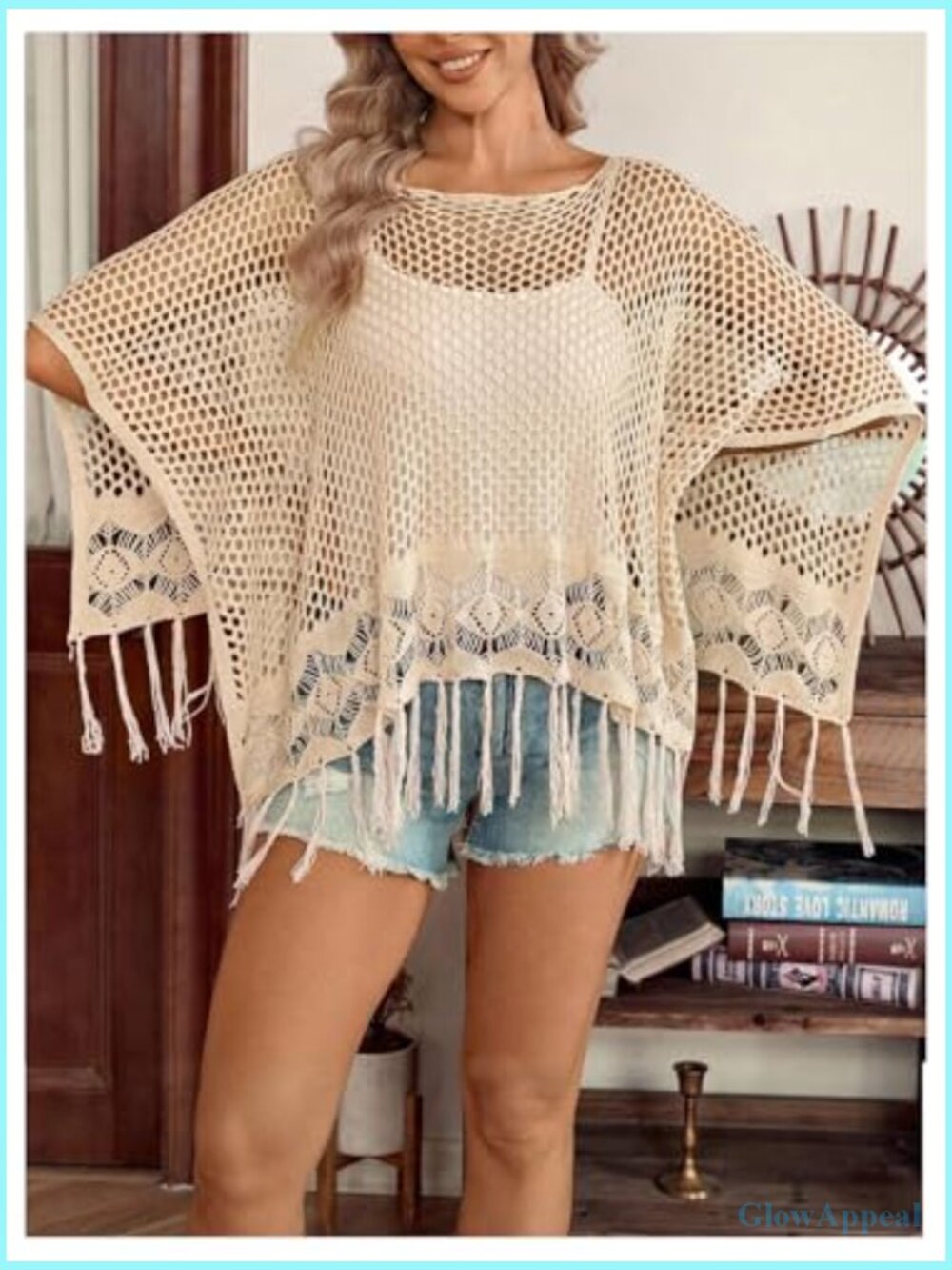 Fringe Crochet Beach Cover Up Hollow Out Off Shoulder Poncho Top - Picture 5 of 5